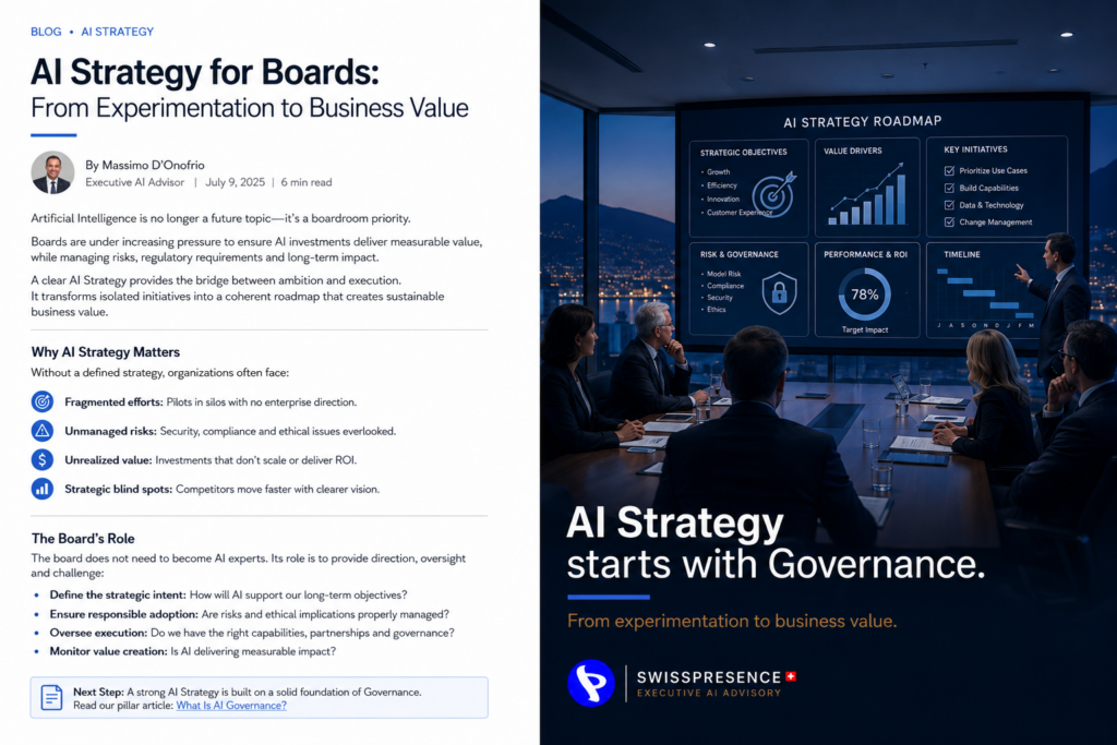 AI Strategy for Boards - Executive AI Strategy roadmap presented to a corporate board meeting by Swisspresence Executive AI Advisory.