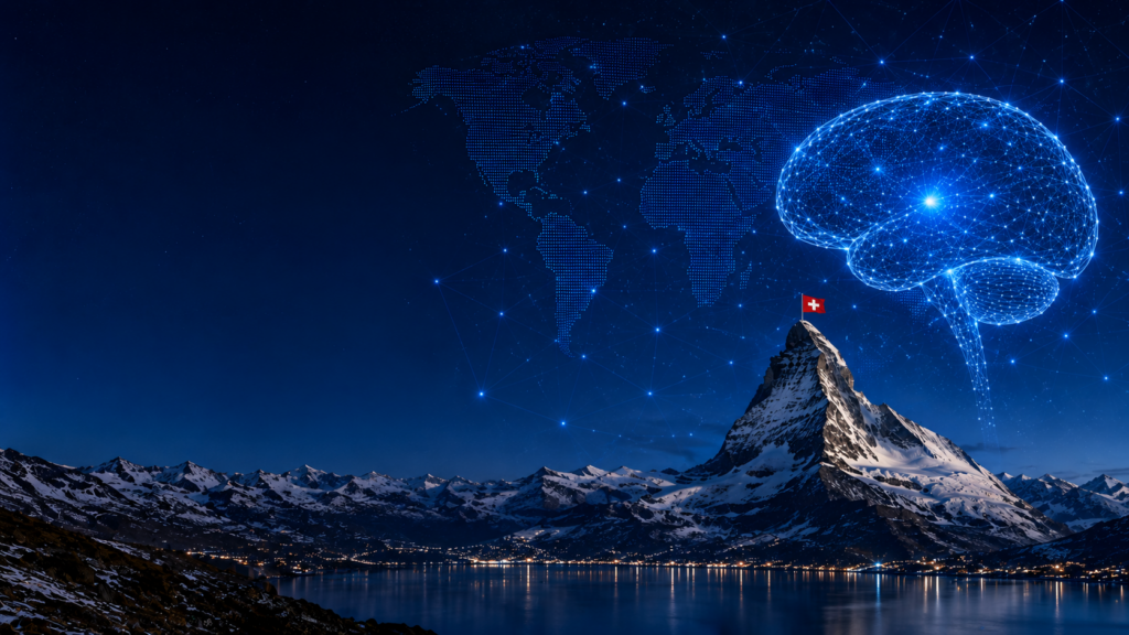 AI Solutions inspired by Swiss Values with Swiss alpine landscape, Matterhorn and digital artificial intelligence network.