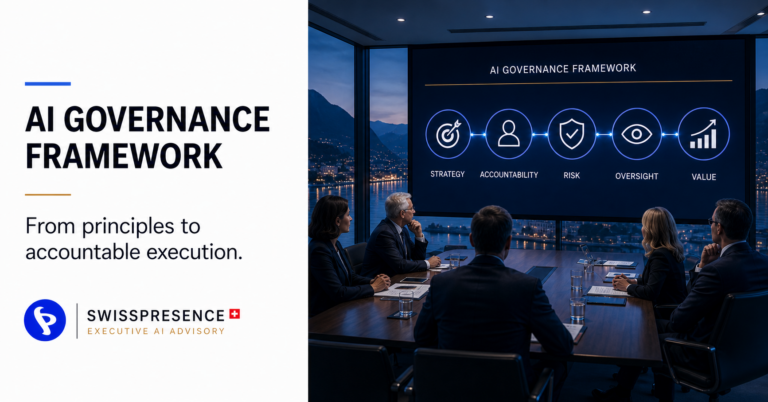 AI Governance Framework connecting strategy, accountability, risk, oversight and value — Swisspresence Executive AI Advisory