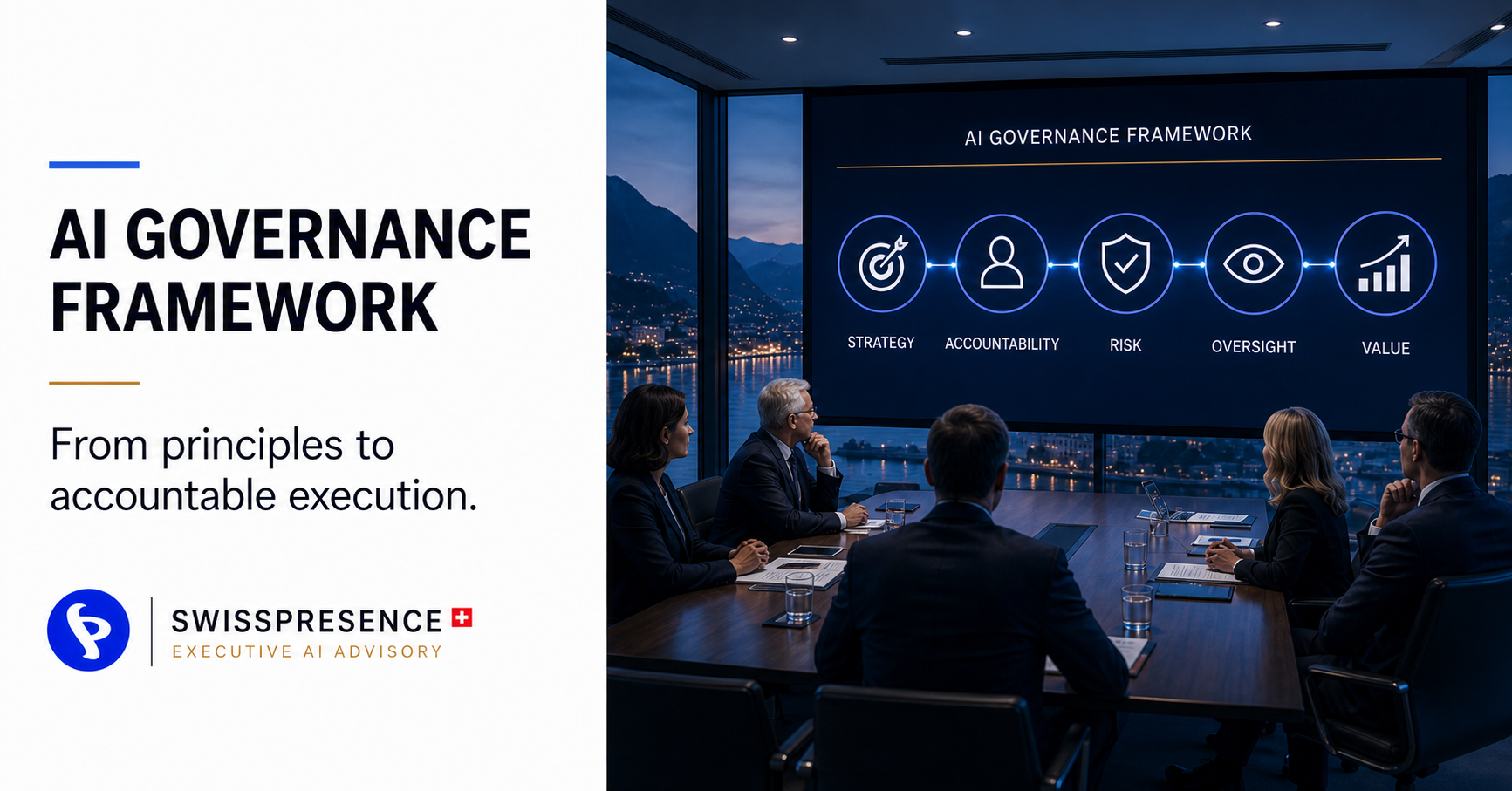 AI Governance Framework connecting strategy, accountability, risk, oversight and value — Swisspresence Executive AI Advisory