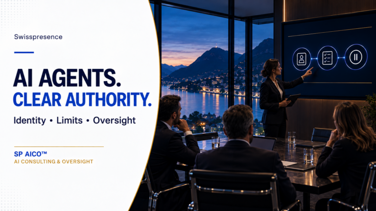Illustration of Swiss business leaders reviewing AI agent identity, limits and oversight — Swisspresence SP AICO.