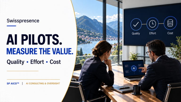 Swisspresence SP AICO illustration: AI pilots measured by quality, effort and cost.