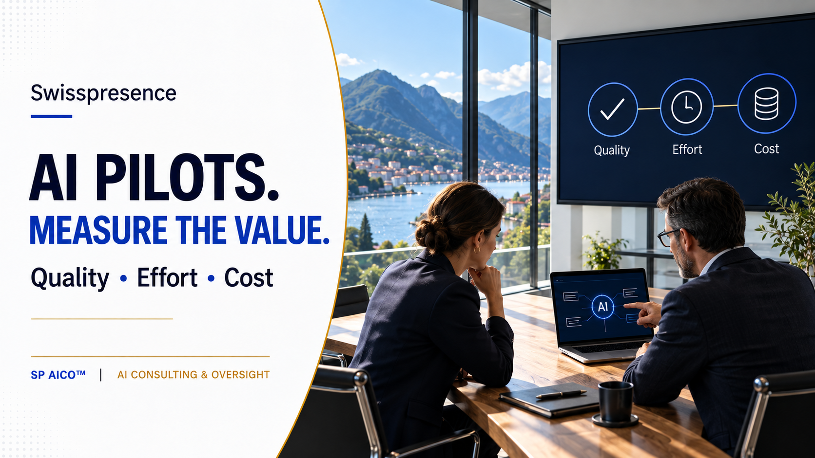 Swisspresence SP AICO illustration: AI pilots measured by quality, effort and cost.